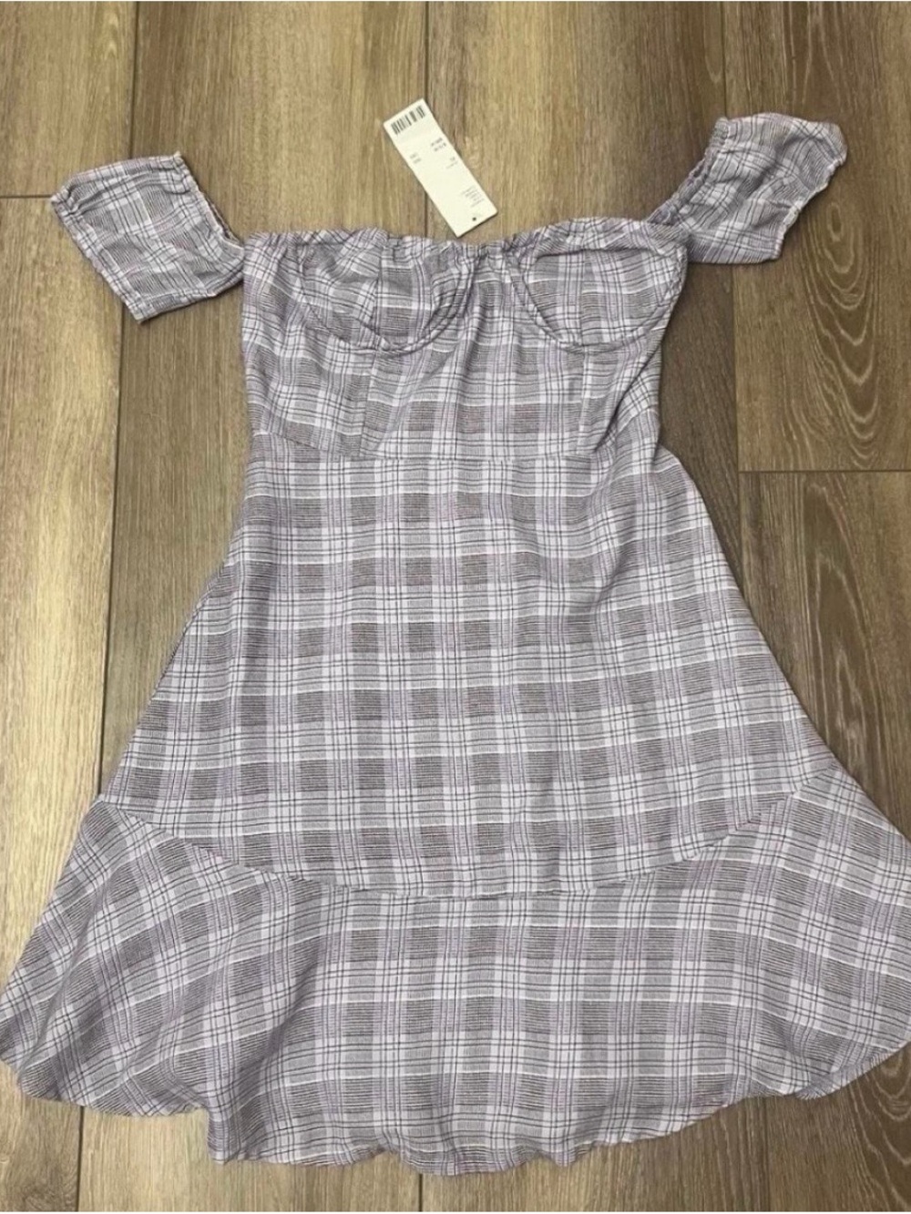 Lioness Off The Shoulder Plaid Mini Dress in Lavender and White